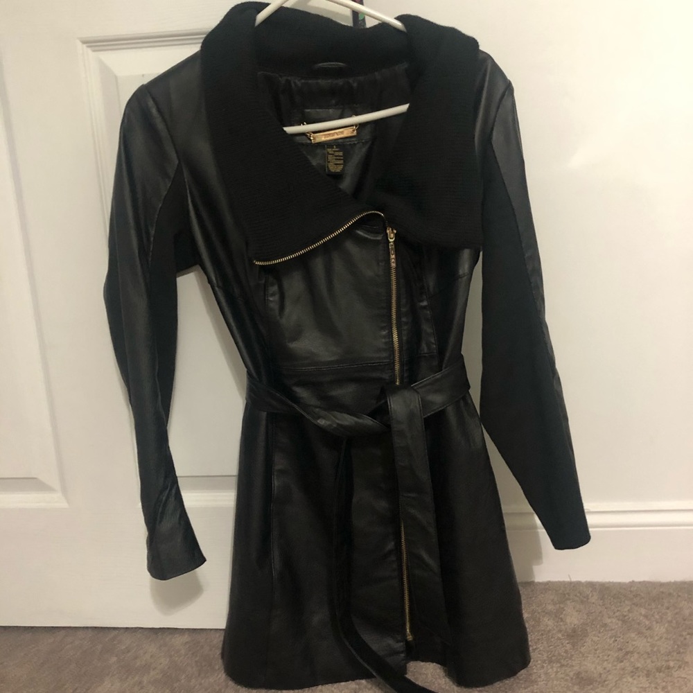 IMAN long black leather jacket, size Small